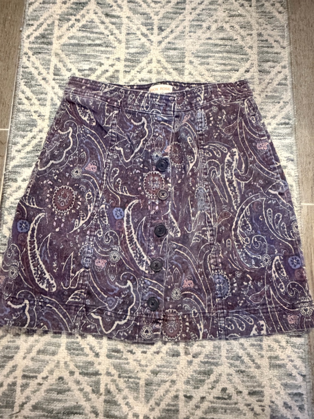 Vintage-Inspired Purple Paisley Button-Front corduroy Skirt